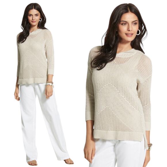 Zenergy by Chico's Rosie Pointelle Hooded Sweater MetallicTan Size 2/ L - Picture 2 of 9